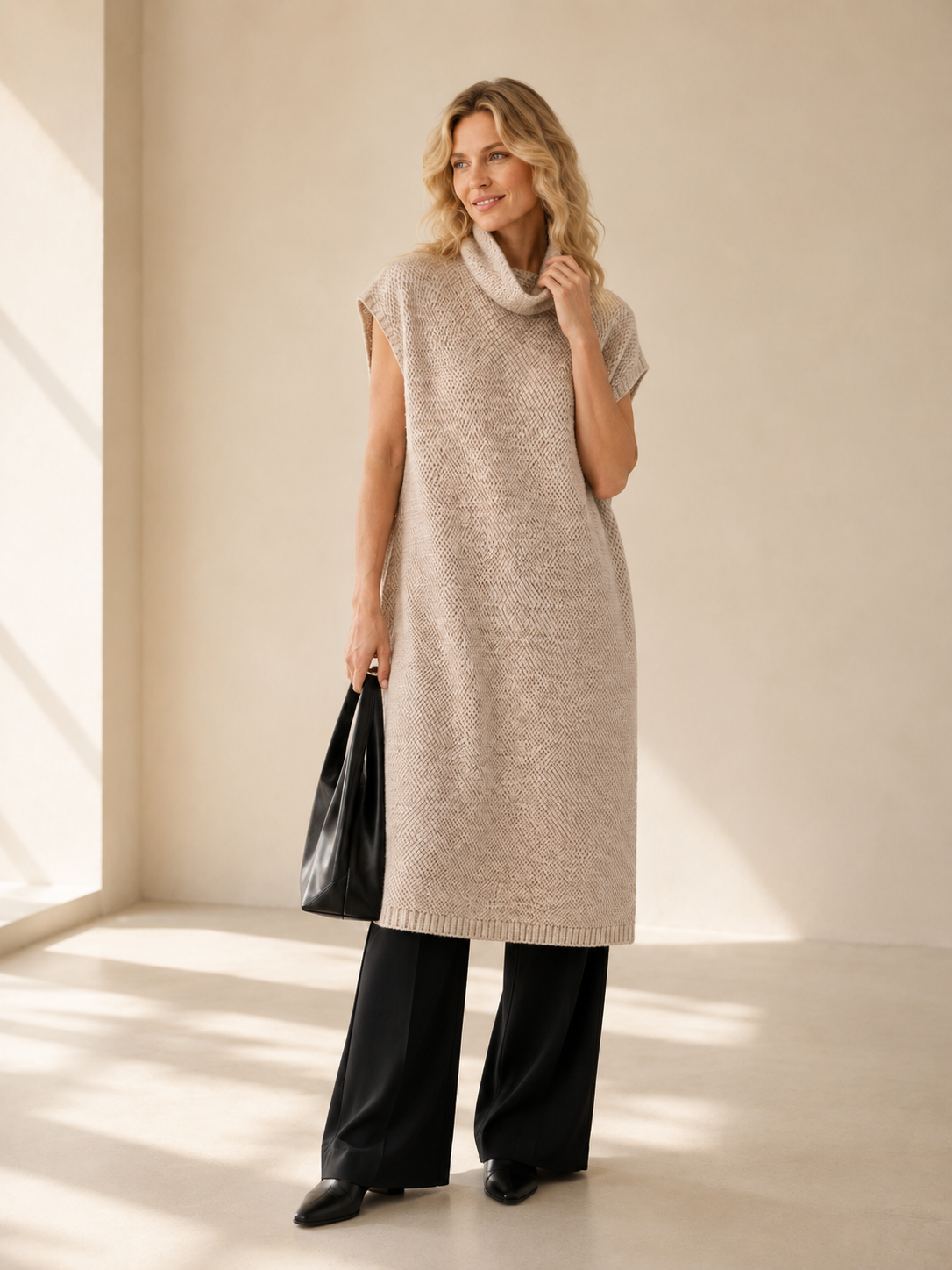 High-Neck Sleeveless Knit Dress — brown