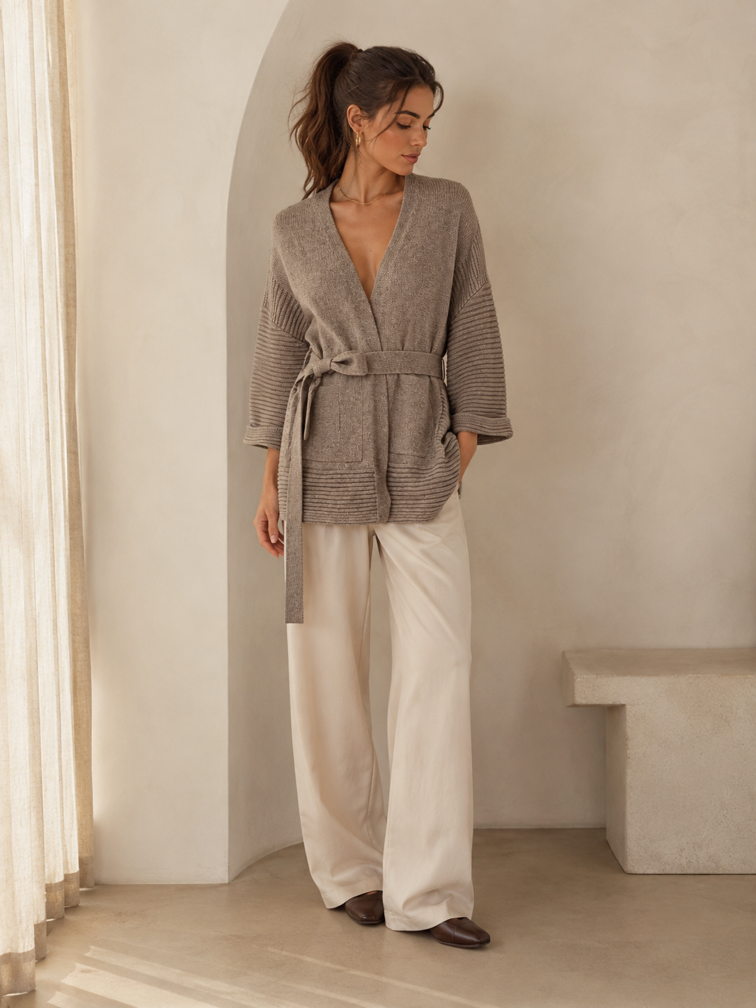 Relaxed Tie-Waist Cashmere Cardigan — Natural Purple