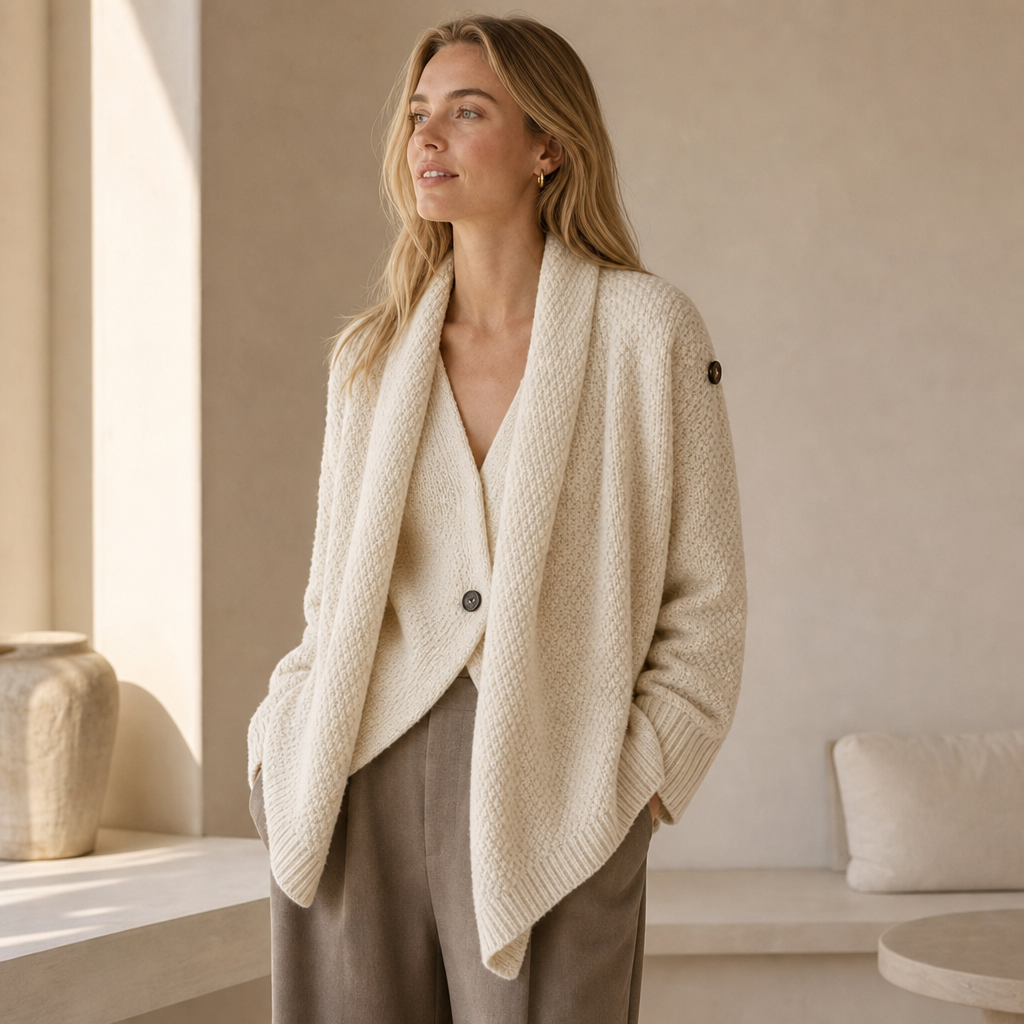 Versatile Wrap-Style Honeycomb Knit Jacket — oatmeal