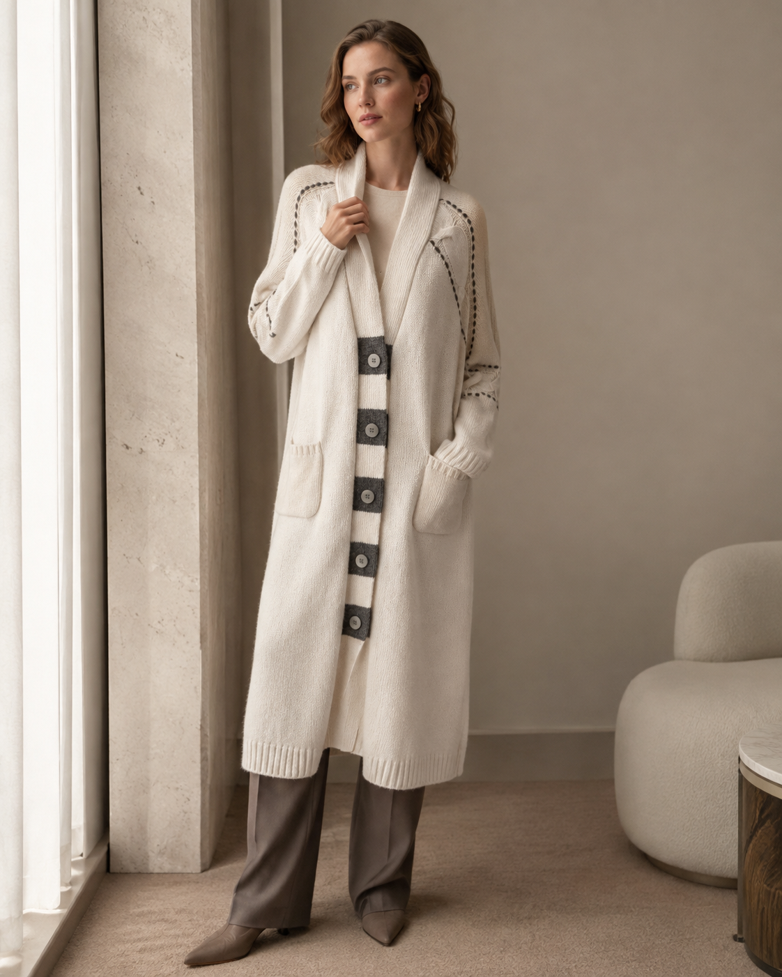 Retro Contrast-Piped Long Knit Coat — white-gray stripe