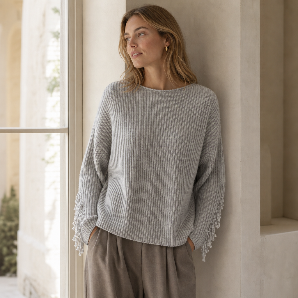 Slub-Yarn Vertical-Rib Fringed Cropped Knit Top — gray