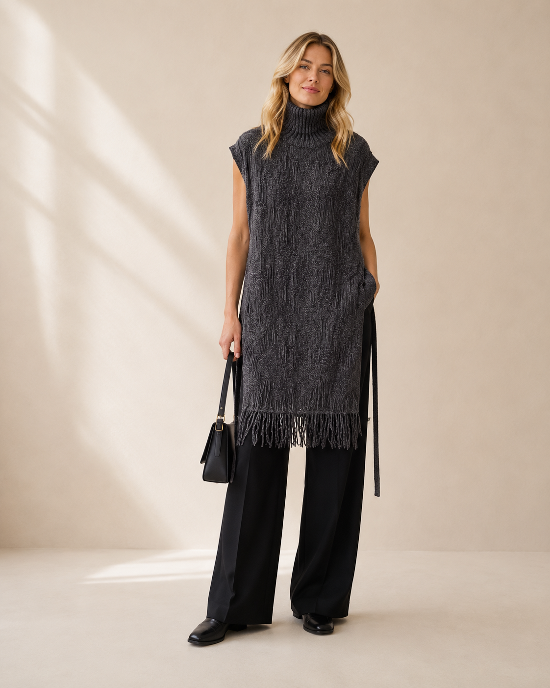 High-Neck Fringed Sleeveless Maxi Dress — heather gray