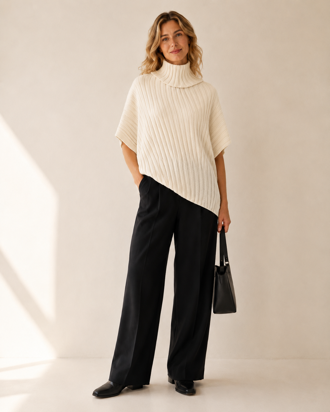 Diagonal-Rib Irregular-Hem Knit Top — off-white