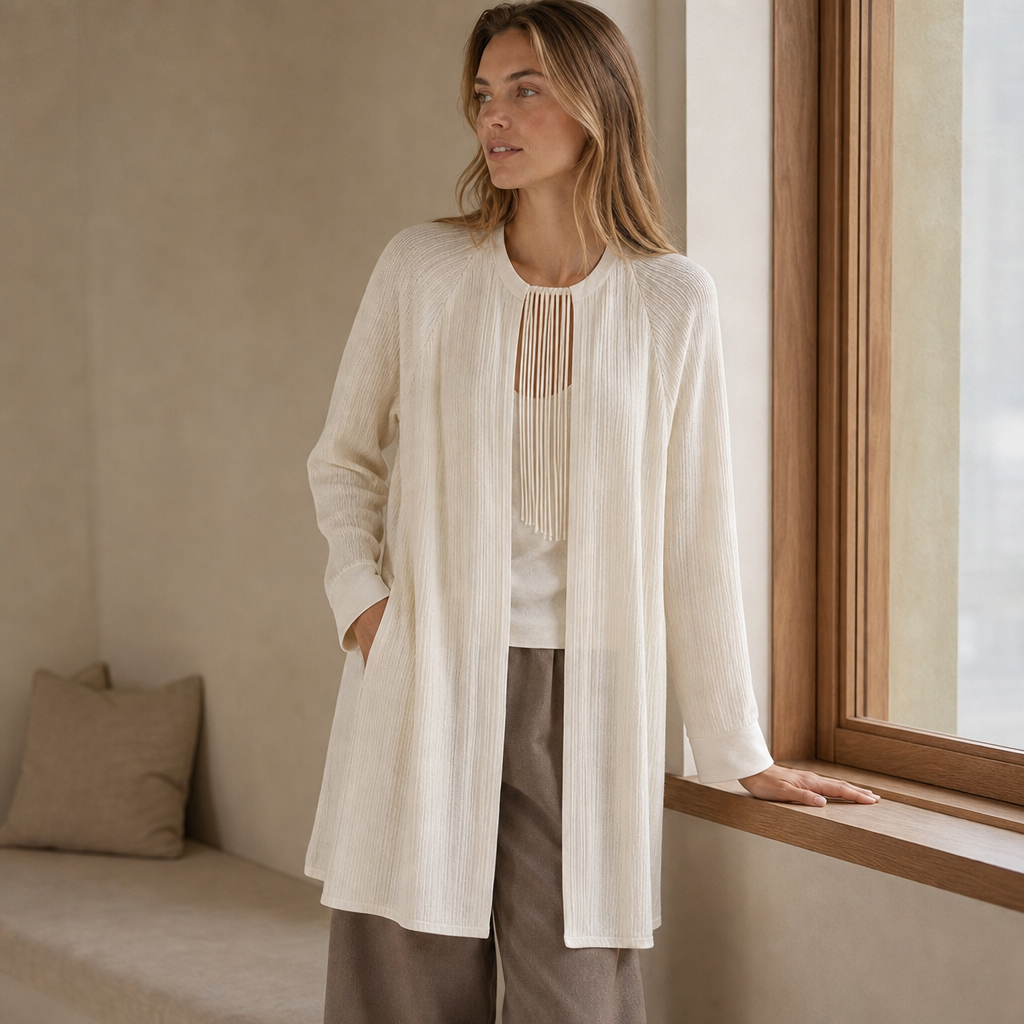 Round Cutout Long Knit Cardigan — oatmeal