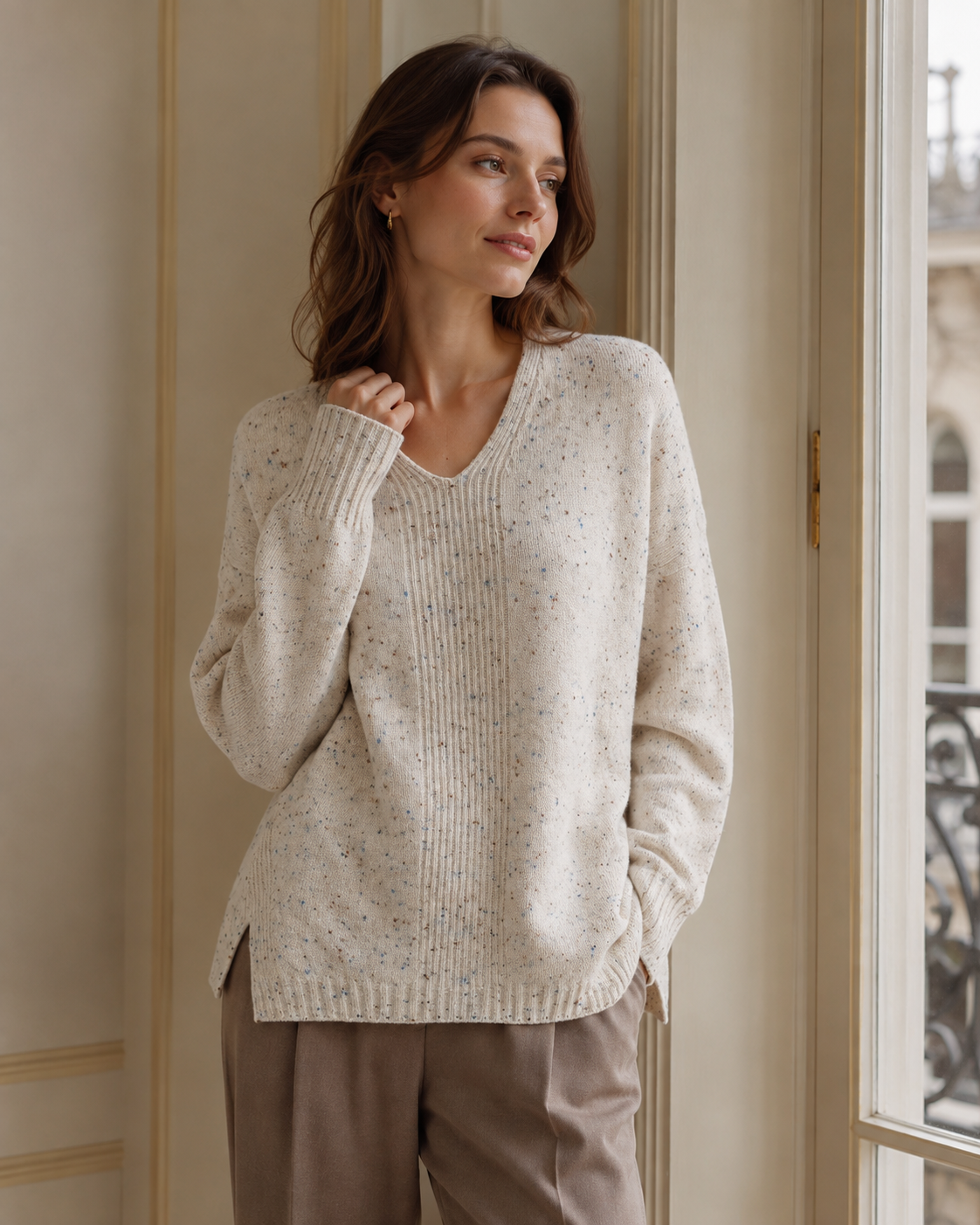 Dotted-Yarn V-Neck Vertical-Rib Cashmere-Blend Top — beige