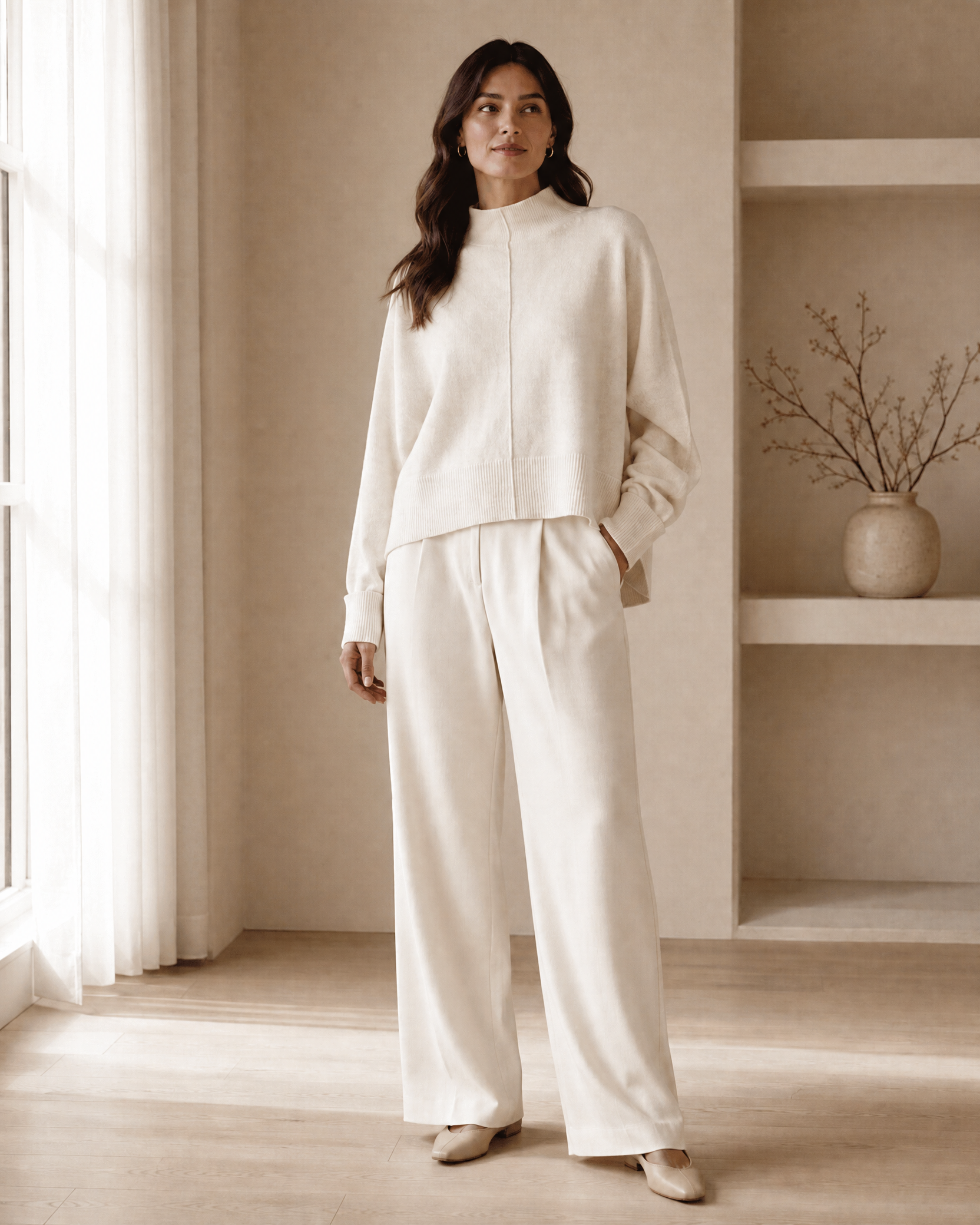 Center-Split Half-High-Neck Knit Sweater — light heather gray