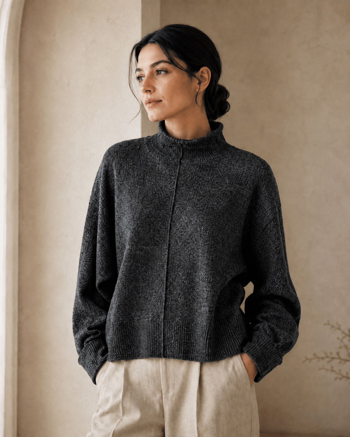 Center-Split Half-High-Neck Knit Sweater — milk white
