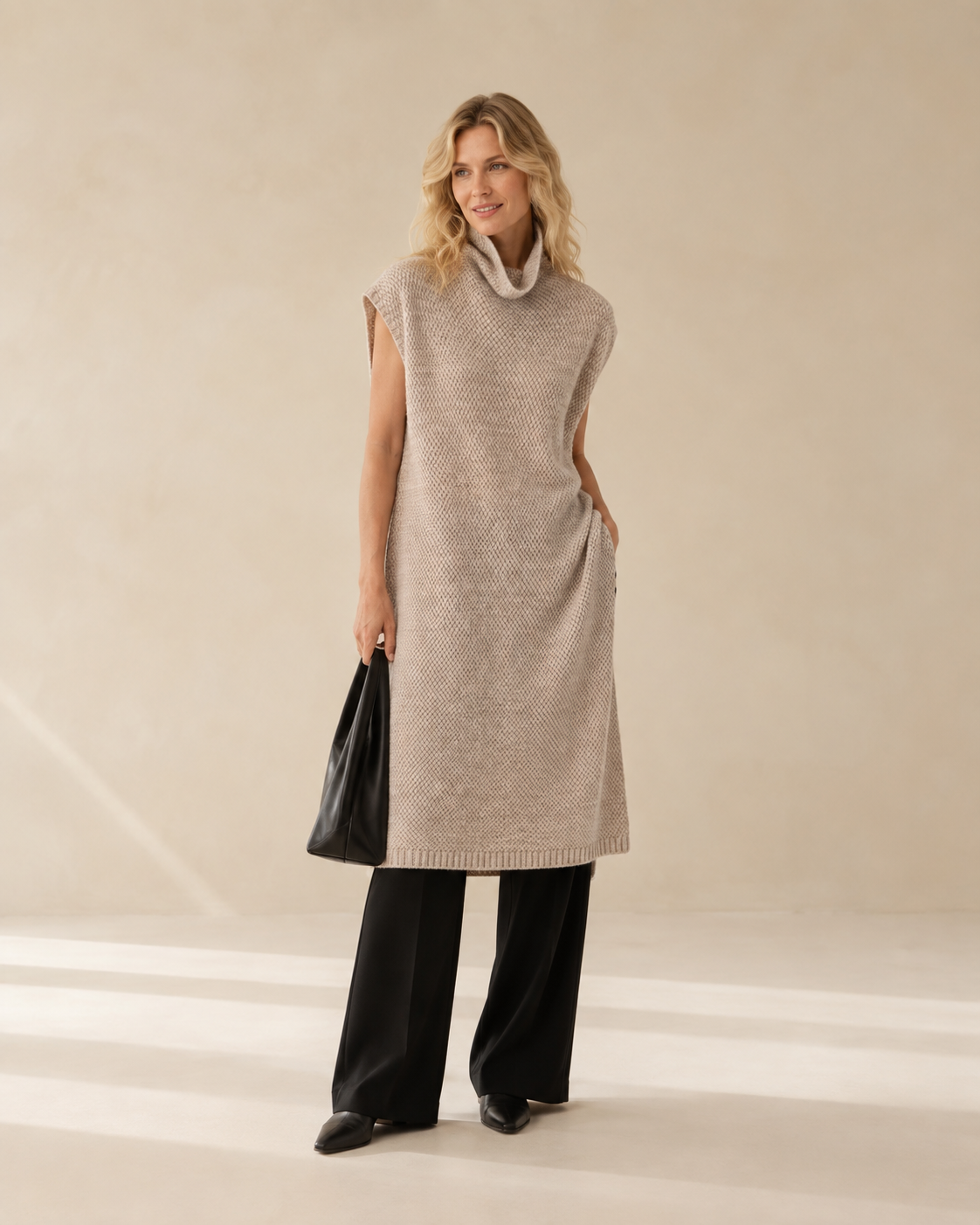 High-Neck Sleeveless Knit Dress — brown