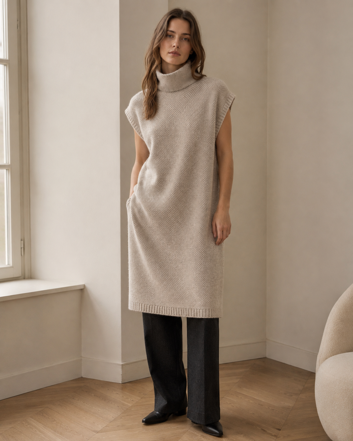High-Neck Sleeveless Knit Dress — linen