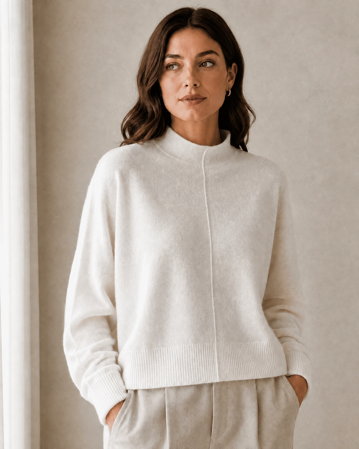 Center-Split Half-High-Neck Knit Sweater — light heather gray