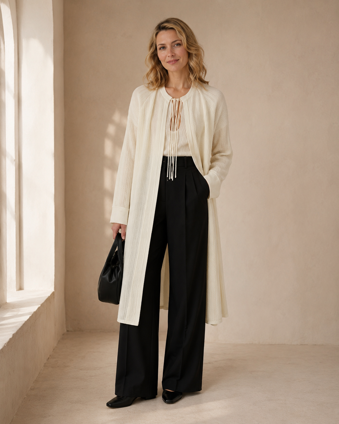 Round Cutout Long Knit Cardigan — oatmeal