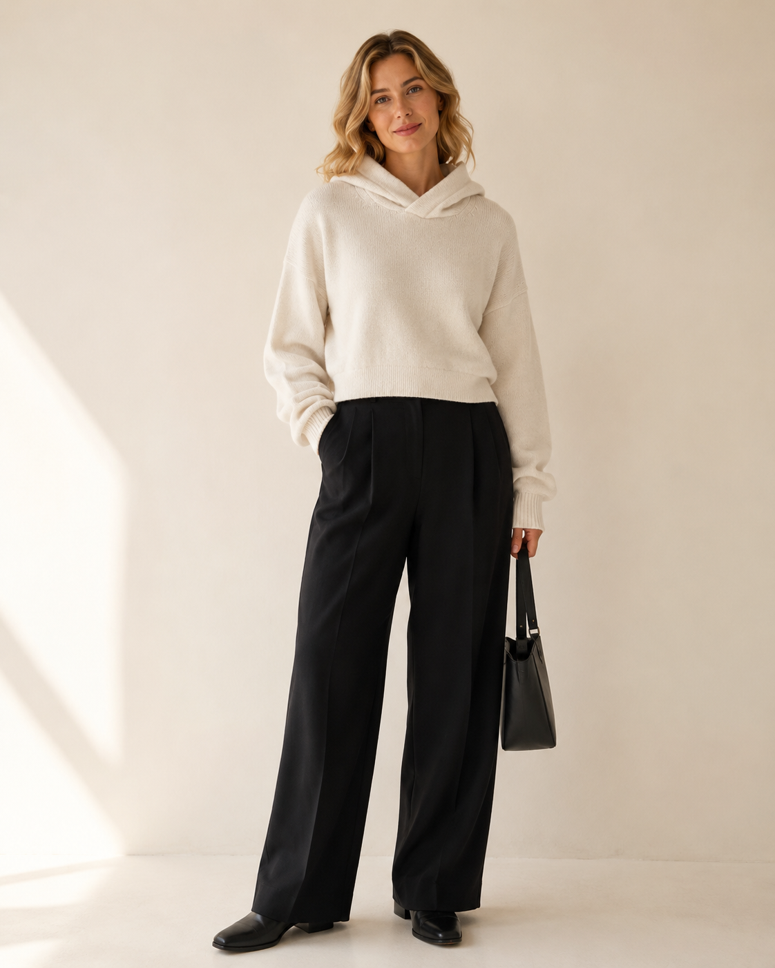 High-Waist Cropped Hooded Knit Sweater — white