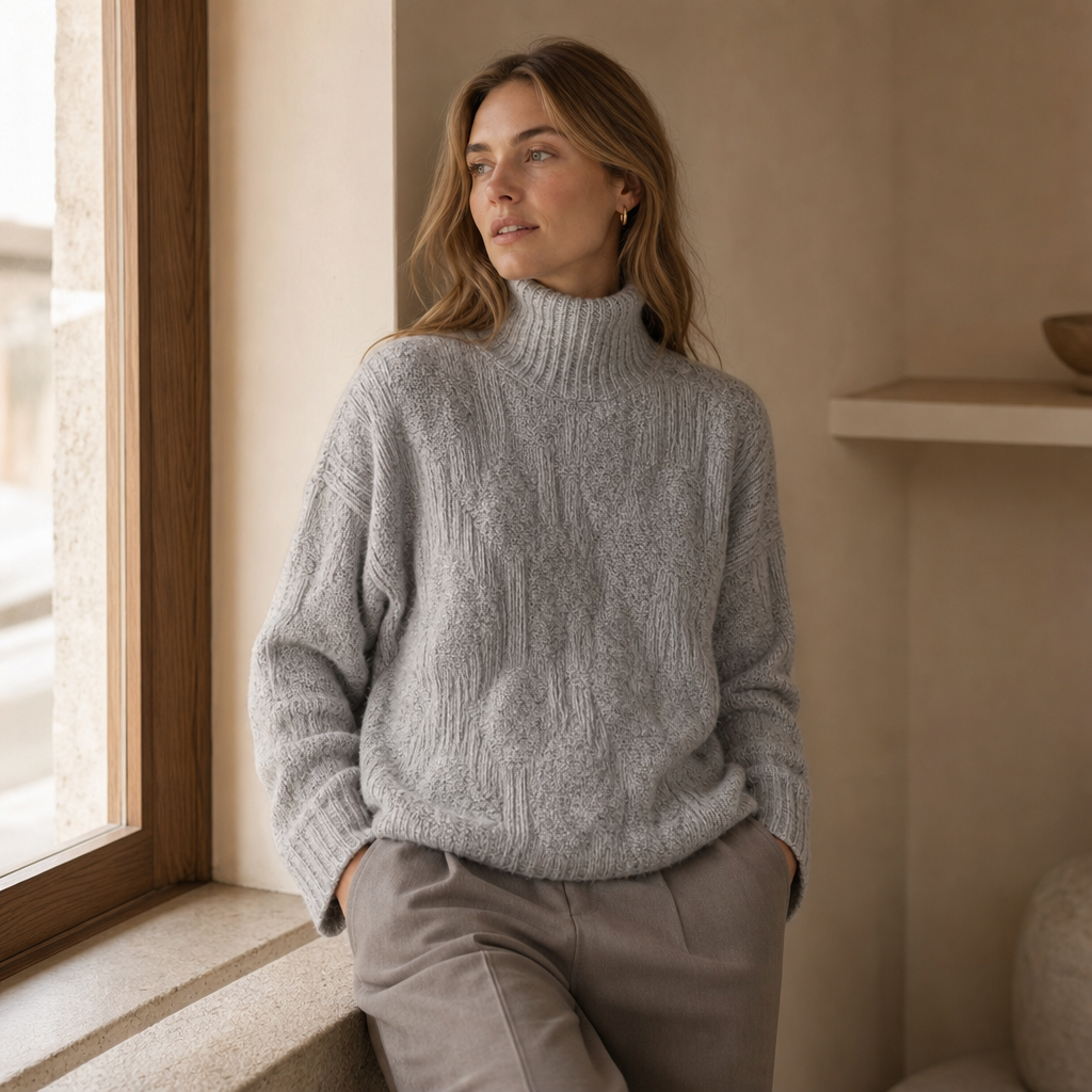 High-Neck Embossed Pleated Cropped Sweater — light gray
