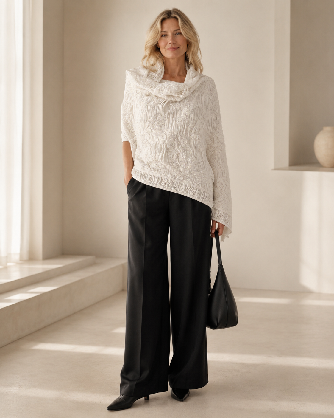 Embossed Pleat Jacquard Short Shawl — off-white
