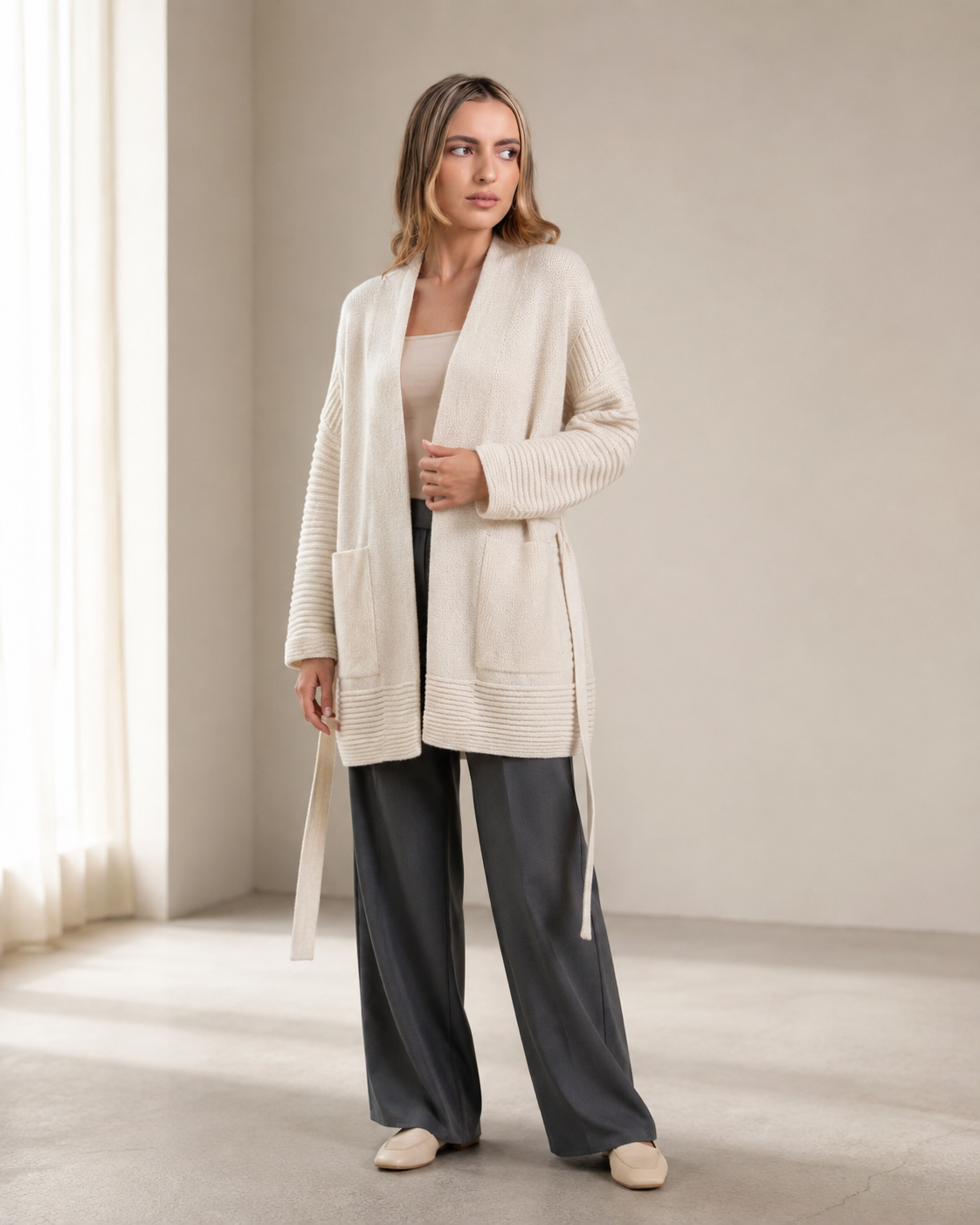 Relaxed Tie-Waist Cashmere Cardigan — White