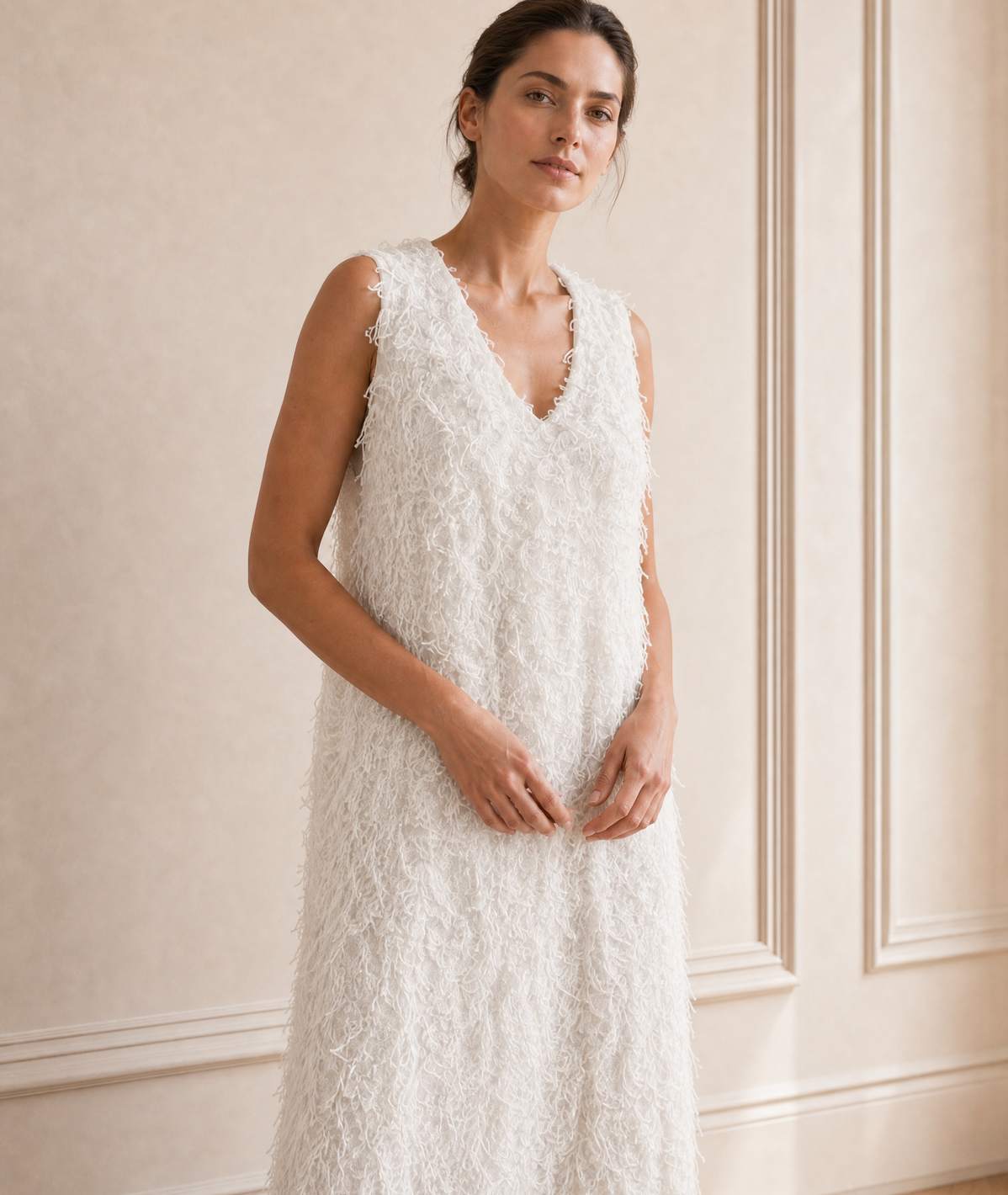 Fringed V-Neck Sleeveless Dress — off-white