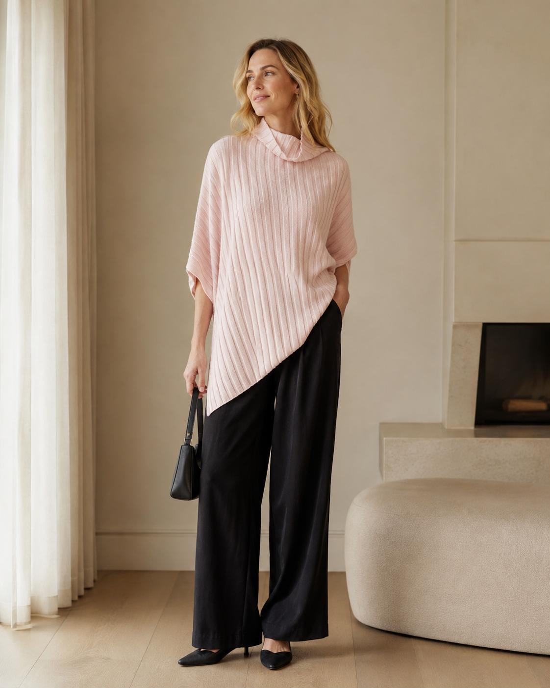 Diagonal-Rib Irregular-Hem Knit Top — pink
