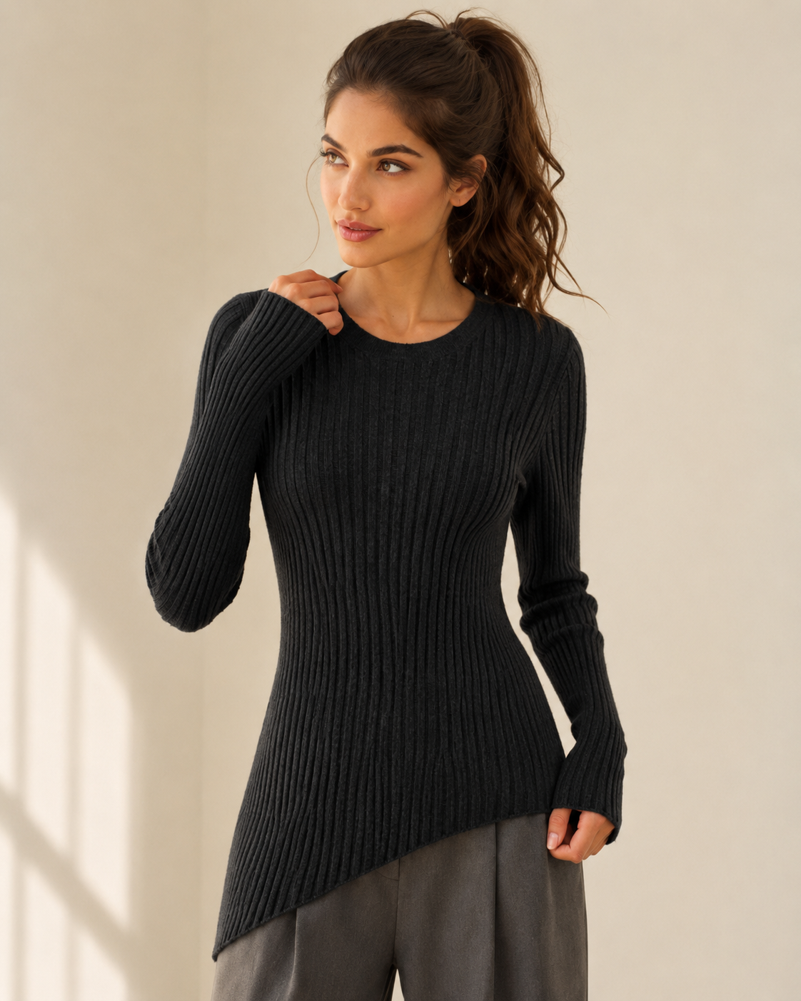 Crew-Neck Irregular Ribbed Fine Cashmere Top — Light Gray