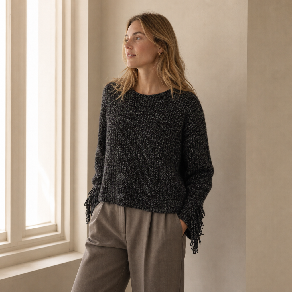 Slub-Yarn Vertical-Rib Fringed Cropped Knit Top — chestnut