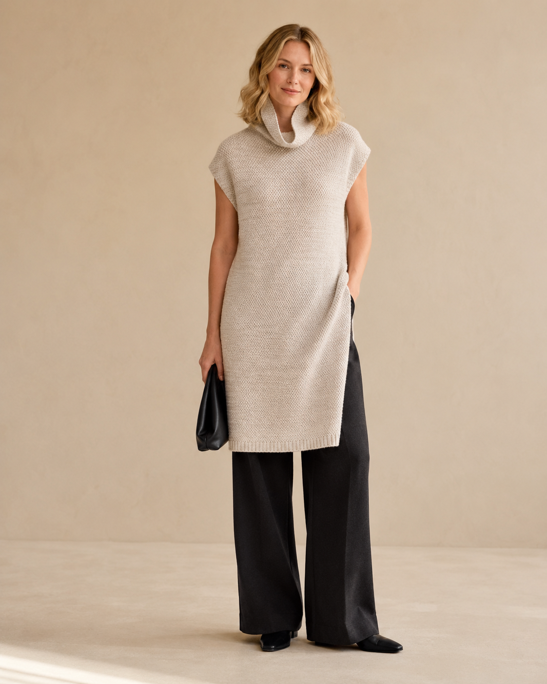 High-Neck Sleeveless Knit Dress — beige