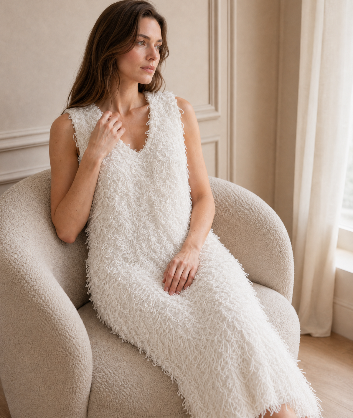 Fringed V-Neck Sleeveless Dress — off-white