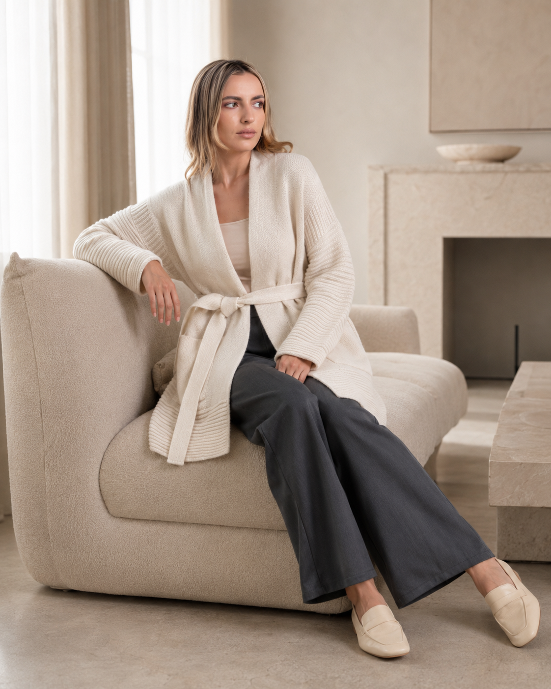 Relaxed Tie-Waist Cashmere Cardigan — White