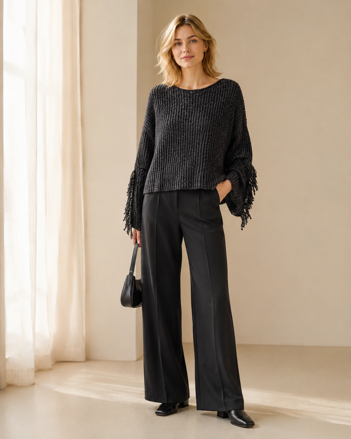 Slub-Yarn Vertical-Rib Fringed Cropped Knit Top — chestnut
