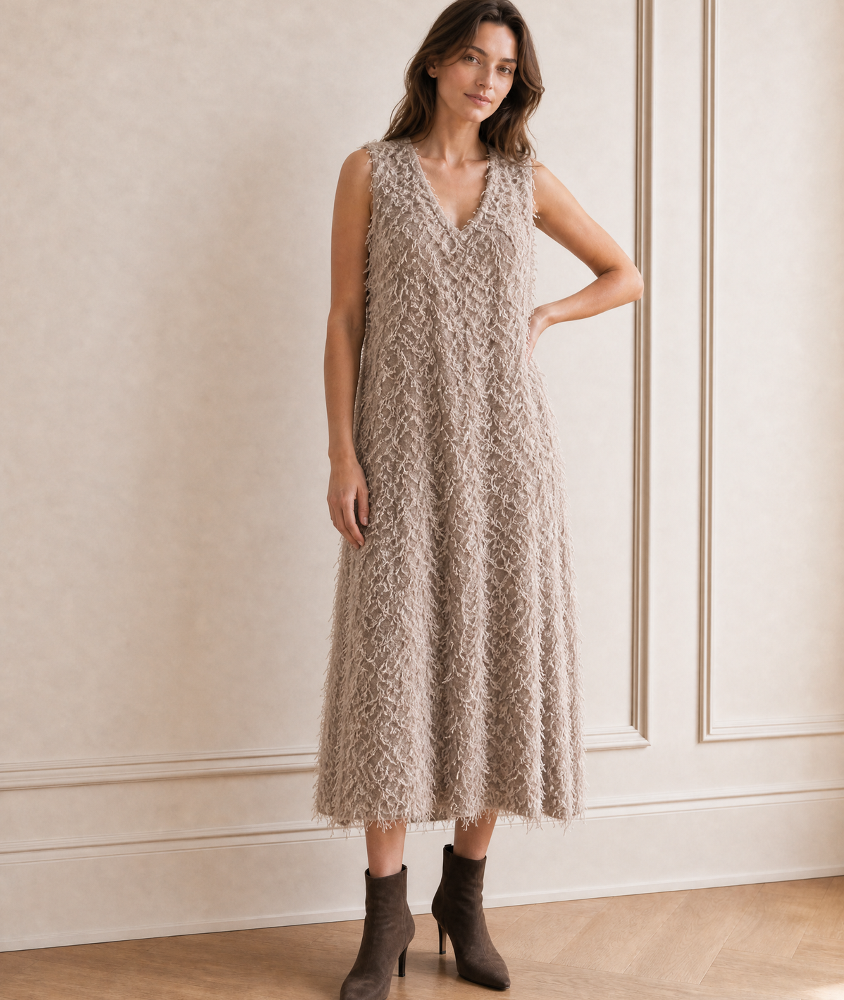 Fringed V-Neck Sleeveless Dress — brown
