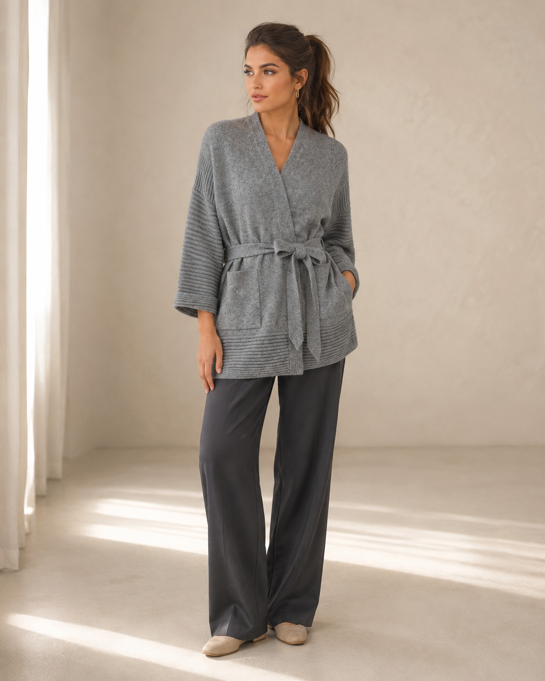 Relaxed Tie-Waist Cashmere Cardigan — Gray