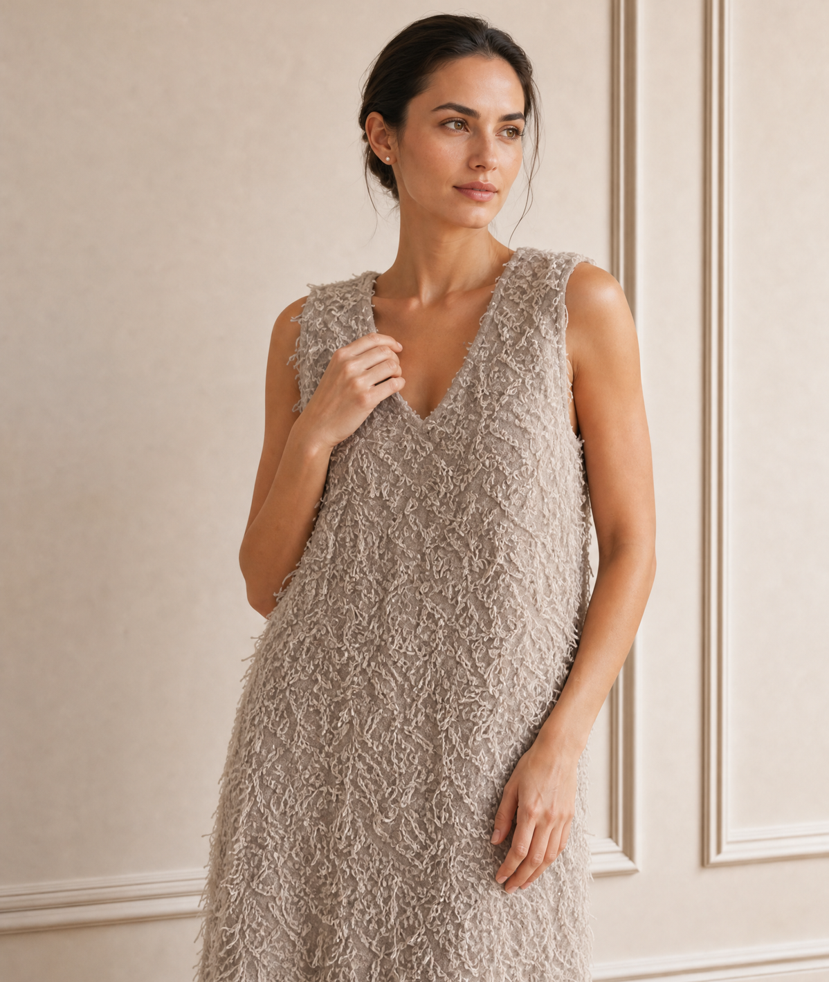 Fringed V-Neck Sleeveless Dress — brown