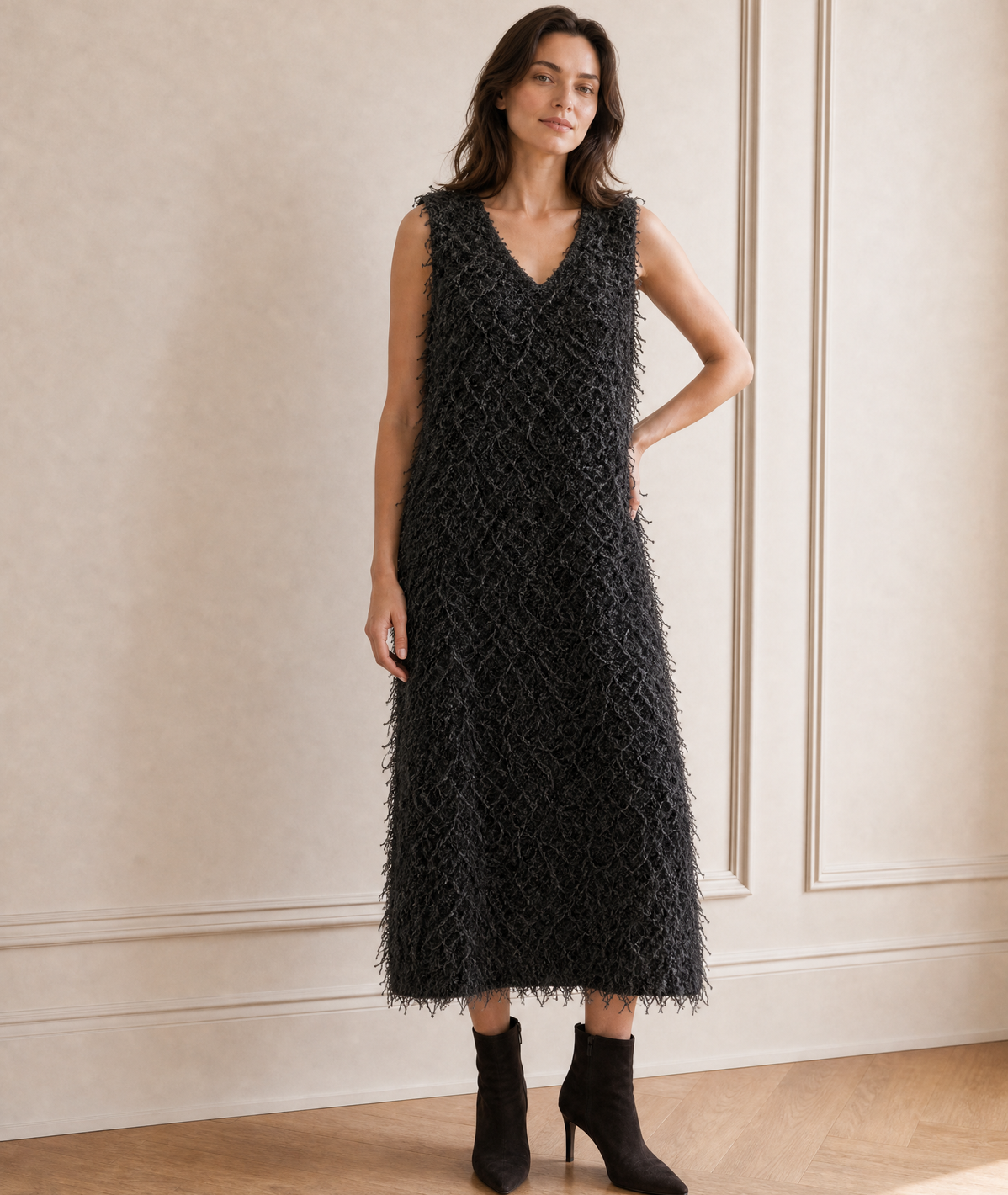 Fringed V-Neck Sleeveless Dress — black