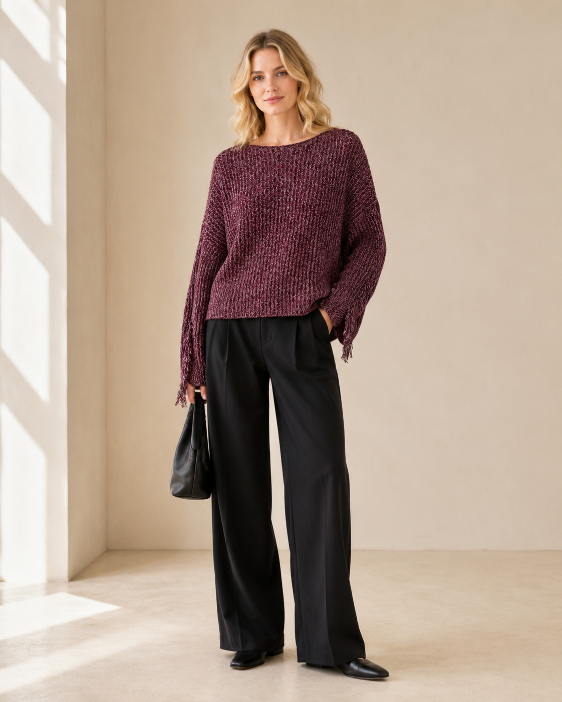 Slub-Yarn Vertical-Rib Fringed Cropped Knit Top — wine red