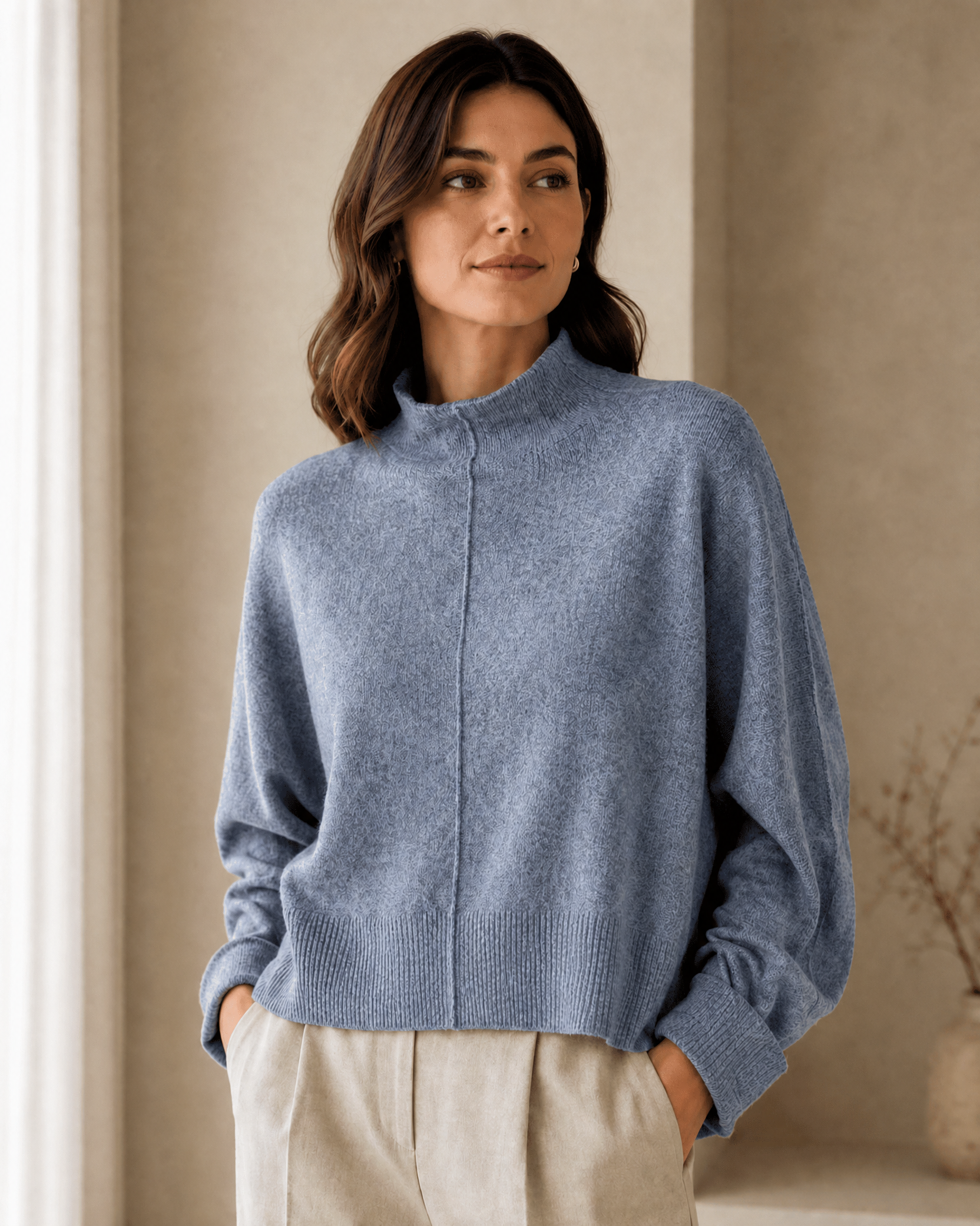 Center-Split Half-High-Neck Knit Sweater — oatmeal