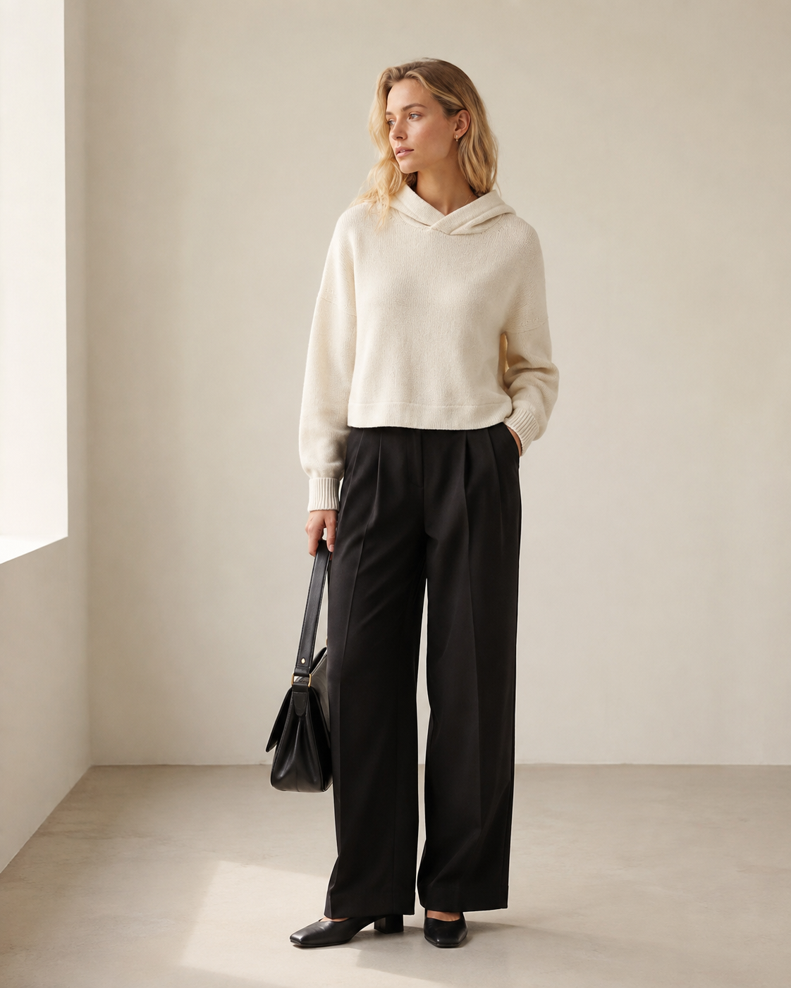 High-Waist Cropped Hooded Knit Sweater — white