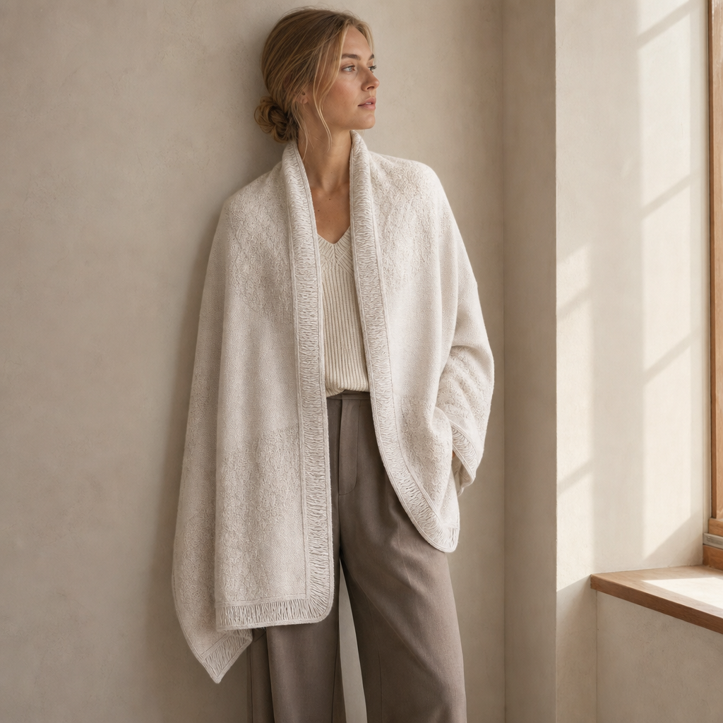 Jacquard Fringed Cashmere Shawl — oatmeal