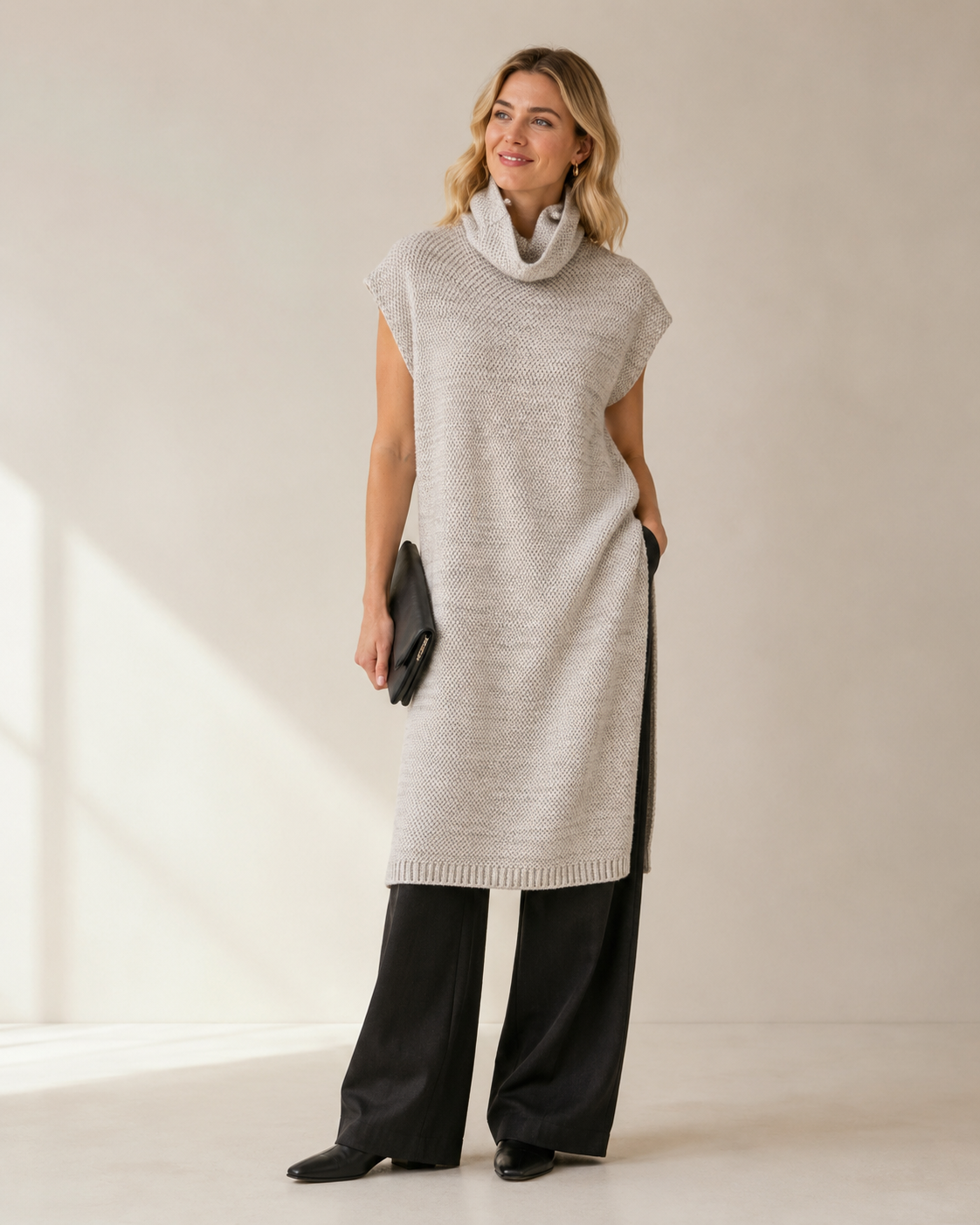 High-Neck Sleeveless Knit Dress — linen