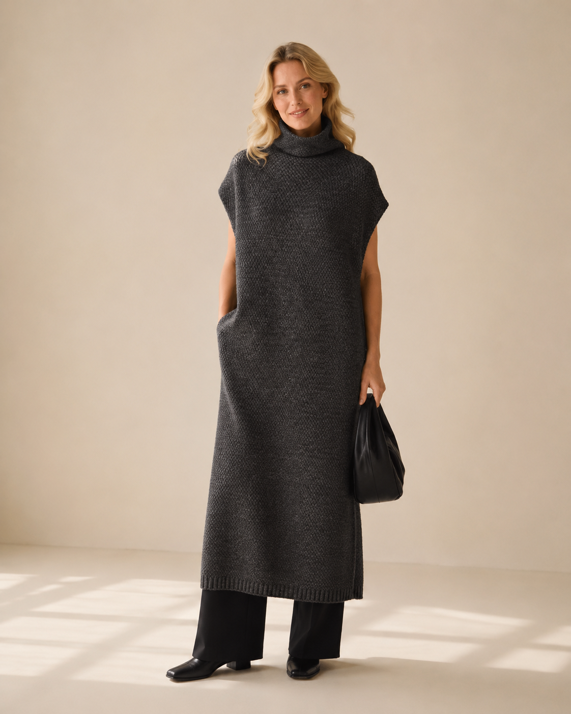 High-Neck Sleeveless Knit Dress — gray