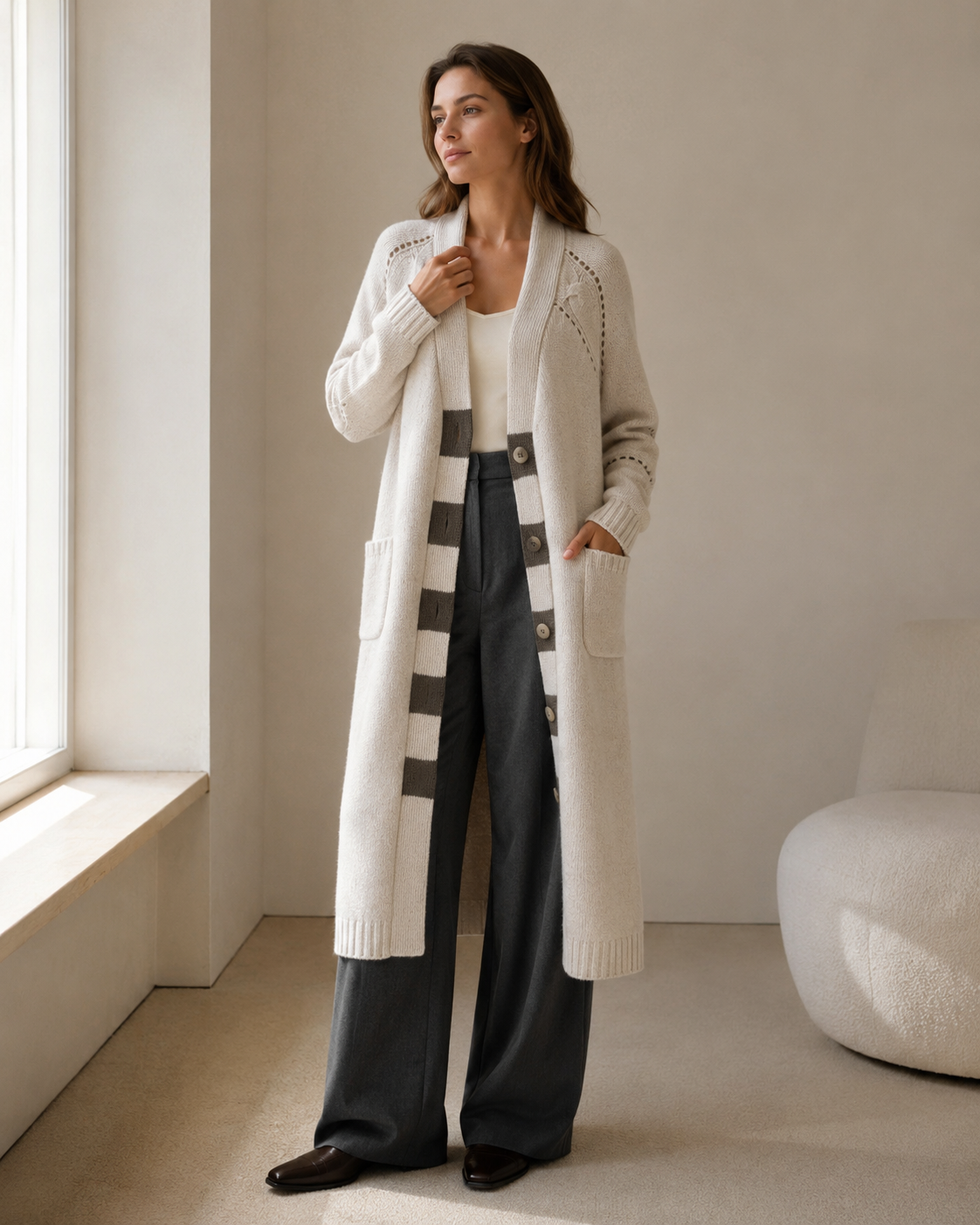 Retro Contrast-Piped Long Knit Coat — white-brown stripe