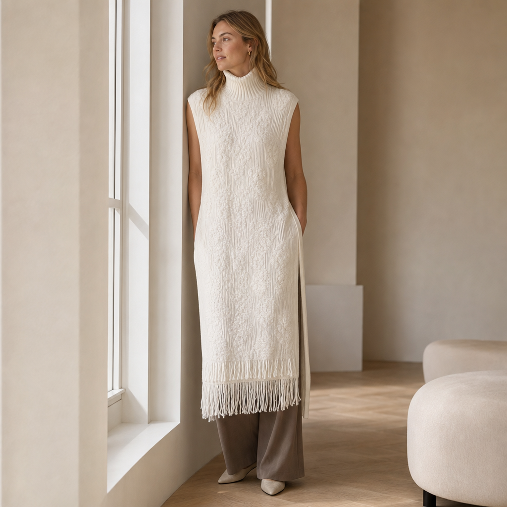 High-Neck Fringed Sleeveless Maxi Dress — off-white