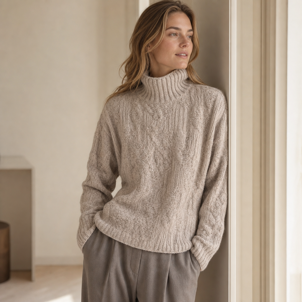 High-Neck Embossed Pleated Cropped Sweater — almond