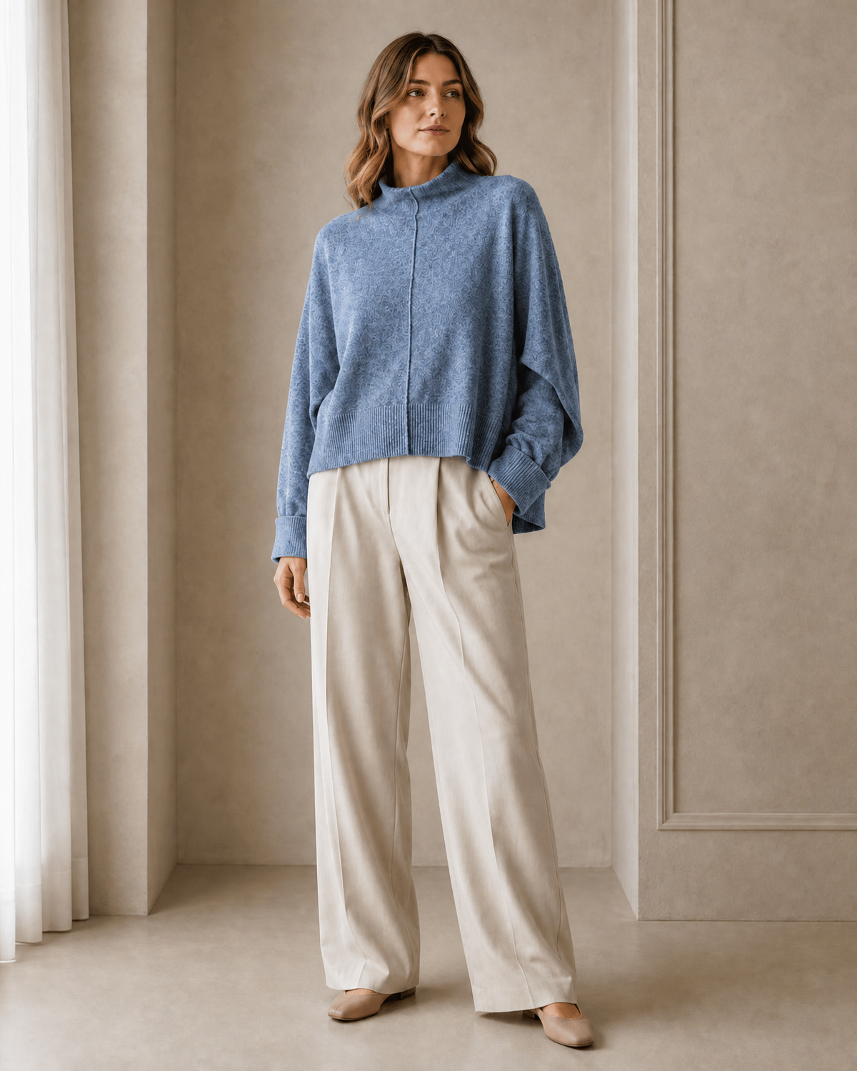 Center-Split Half-High-Neck Knit Sweater — oatmeal