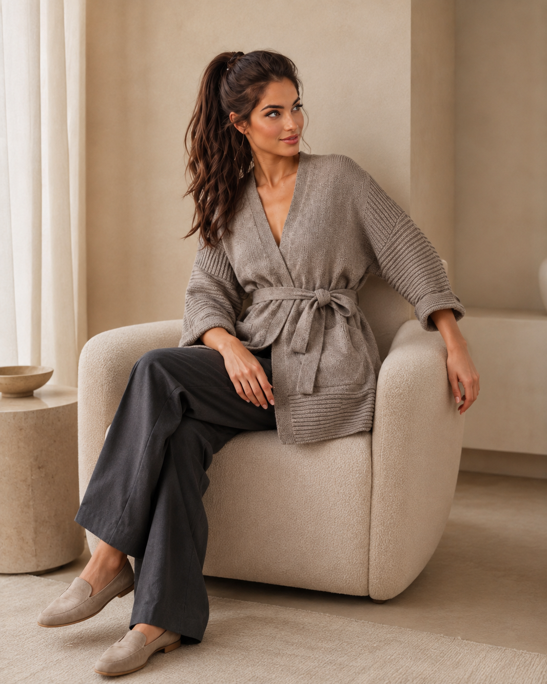 Relaxed Tie-Waist Cashmere Cardigan — Gray