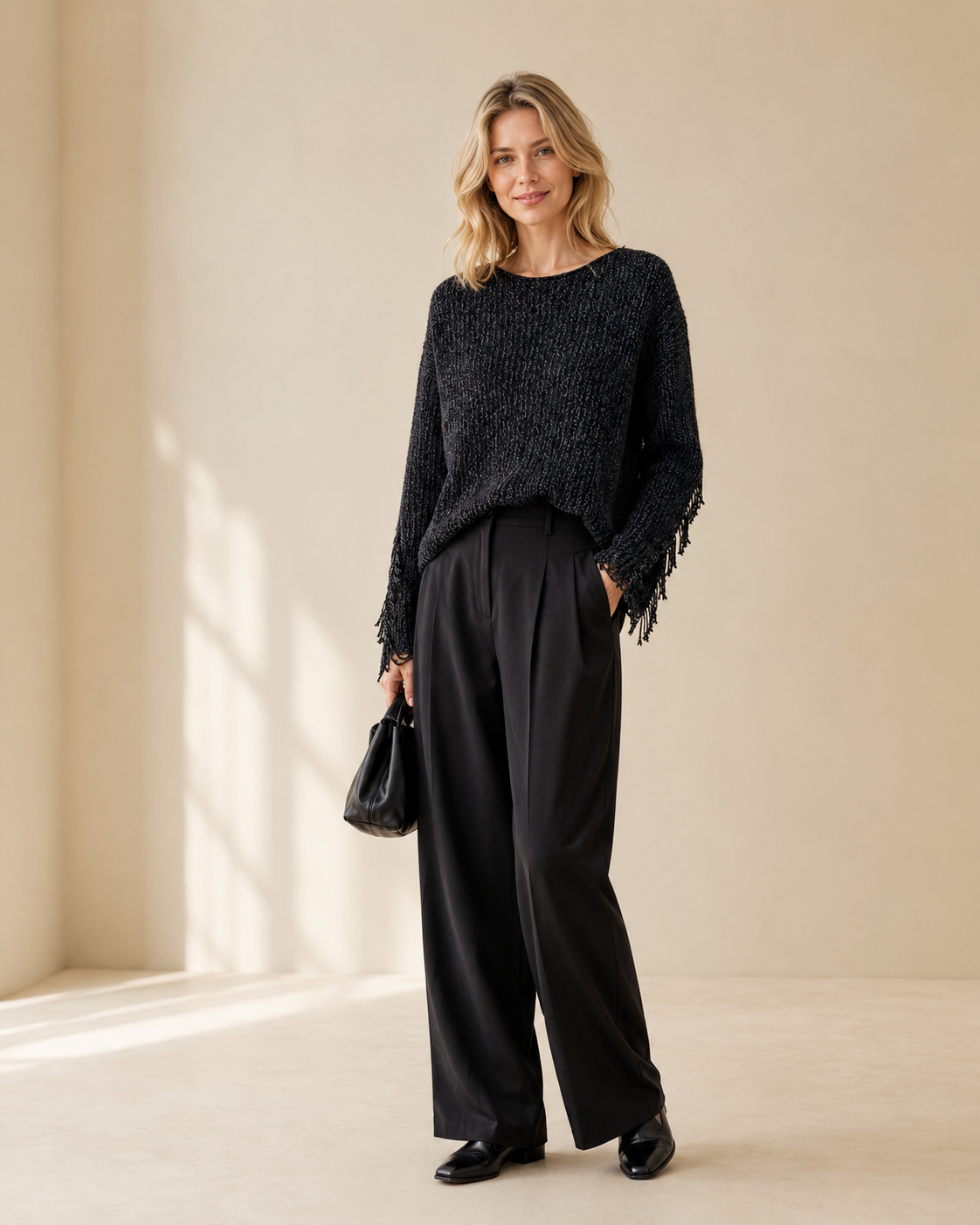 Slub-Yarn Vertical-Rib Fringed Cropped Knit Top — black