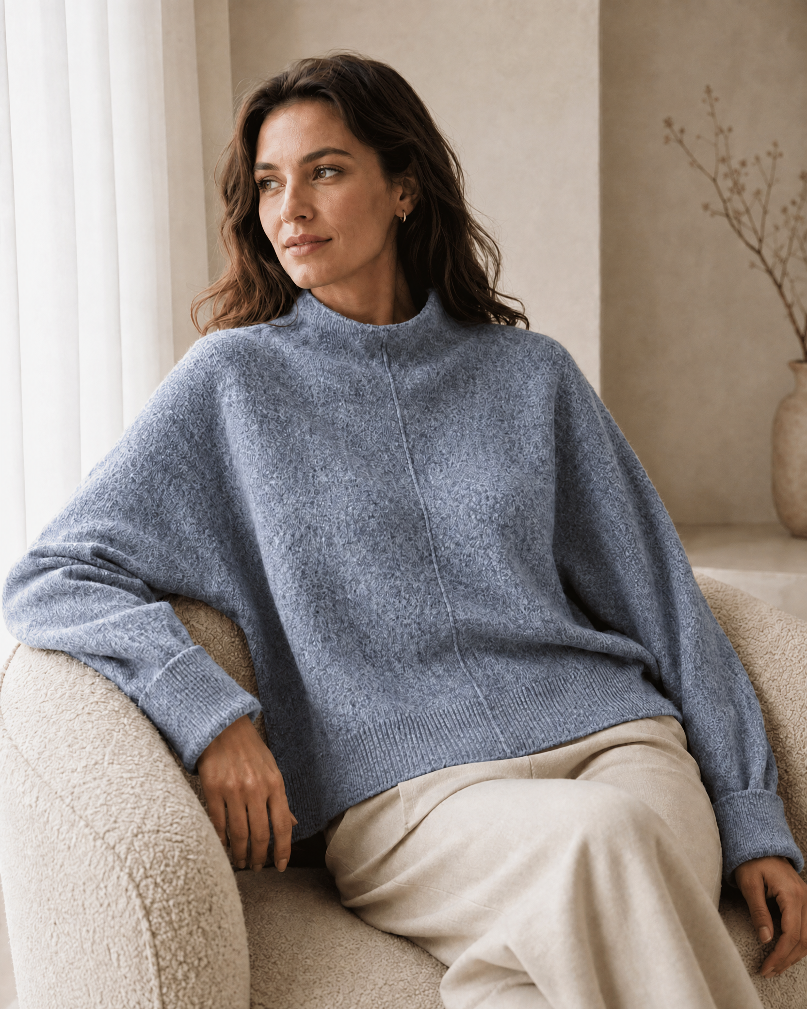 Center-Split Half-High-Neck Knit Sweater — oatmeal