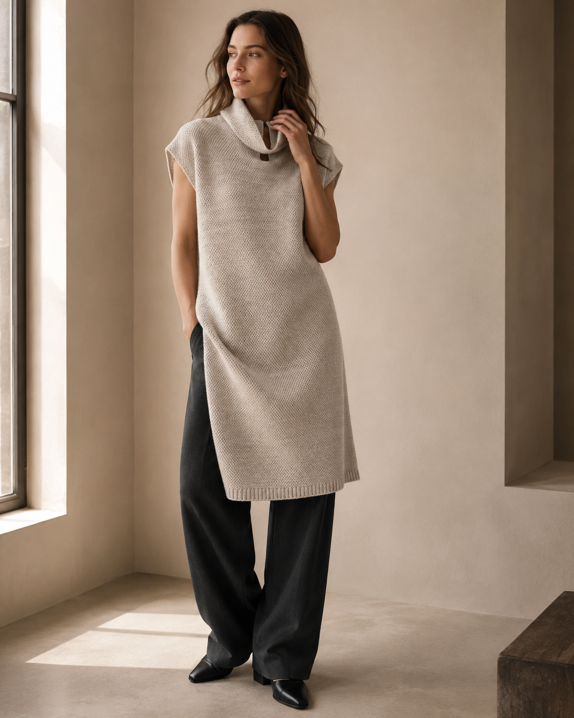 High-Neck Sleeveless Knit Dress — beige
