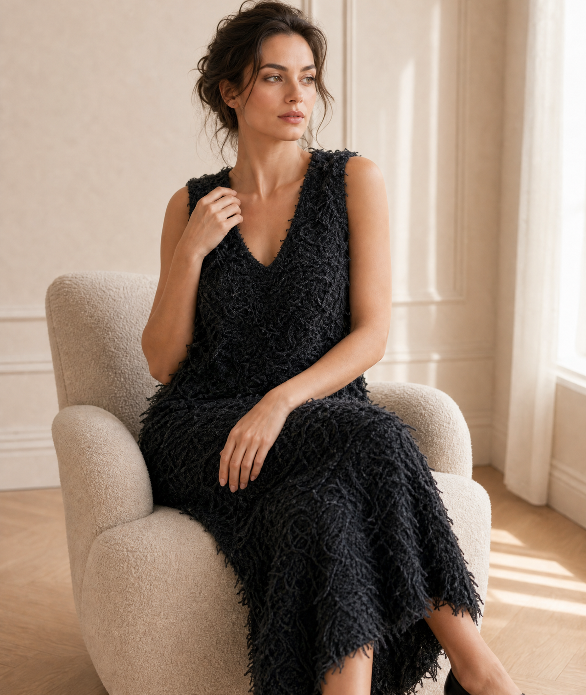 Fringed V-Neck Sleeveless Dress — black