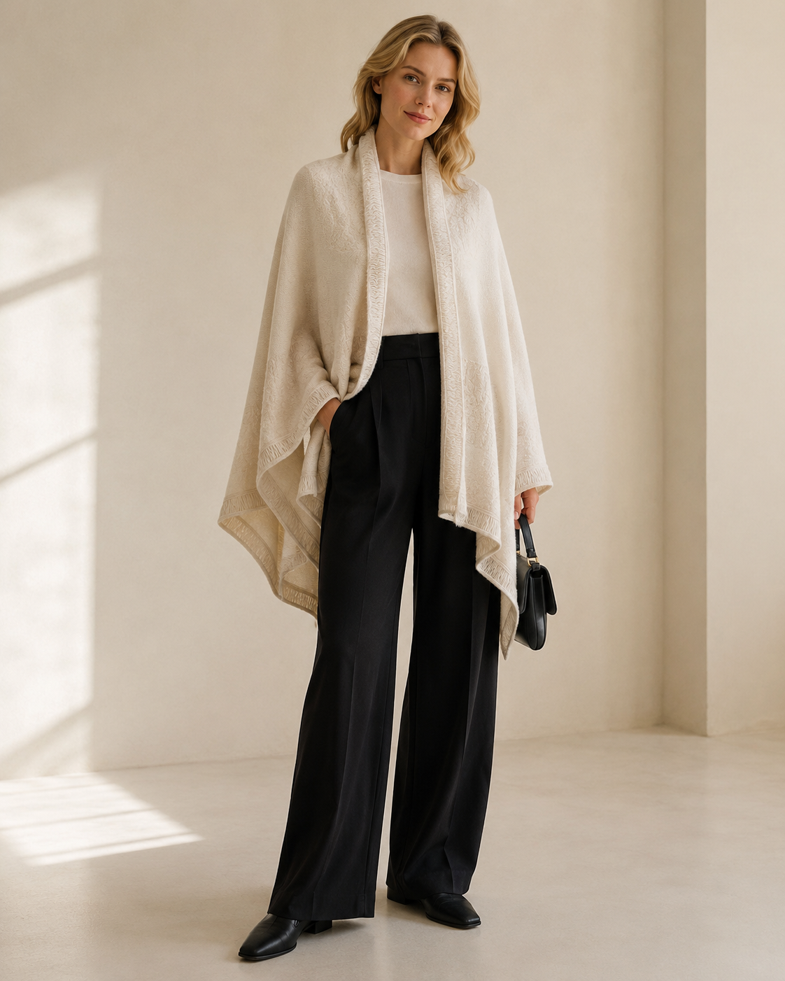 Jacquard Fringed Cashmere Shawl — oatmeal