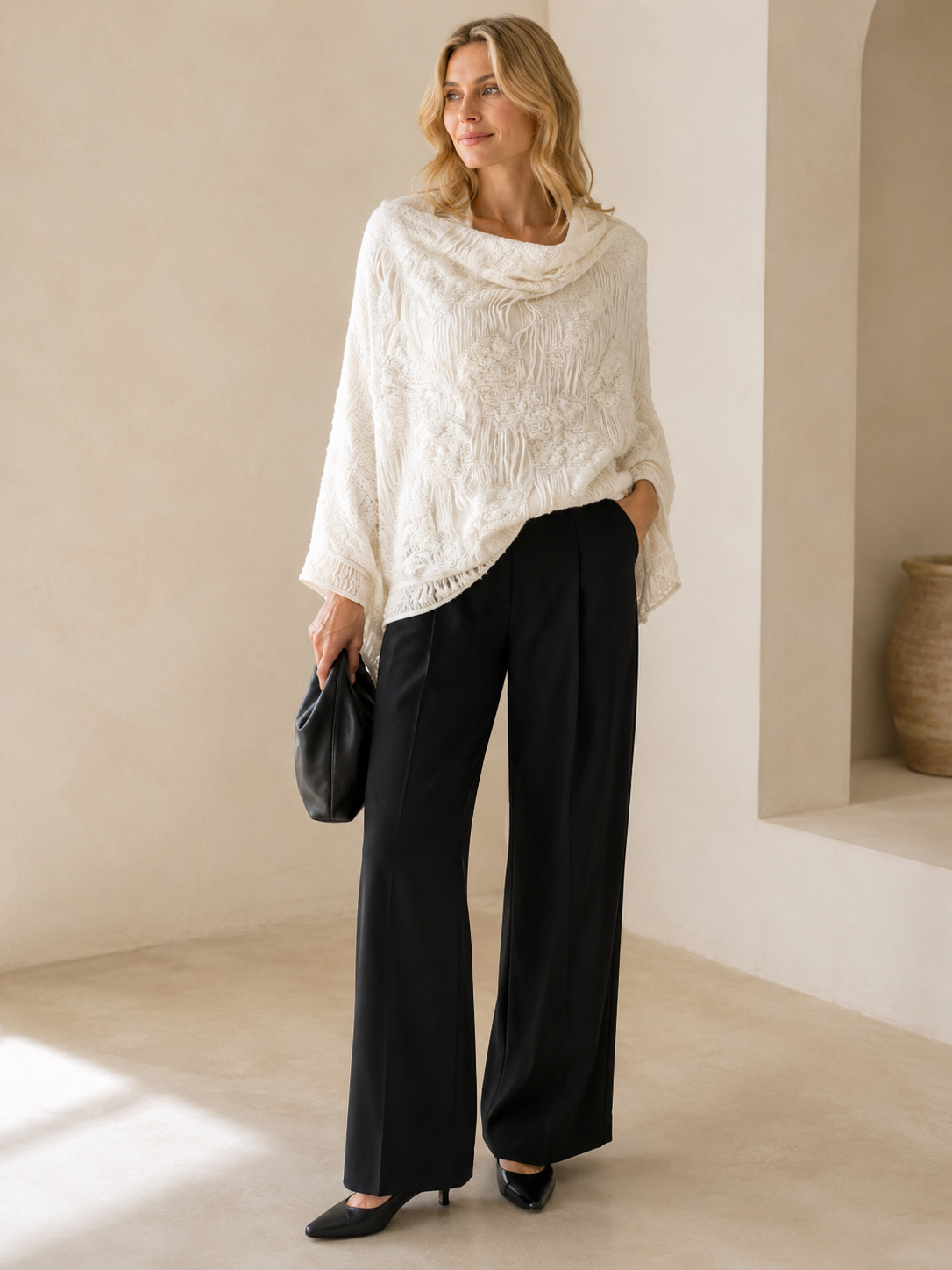 Embossed Pleat Jacquard Short Shawl — off-white