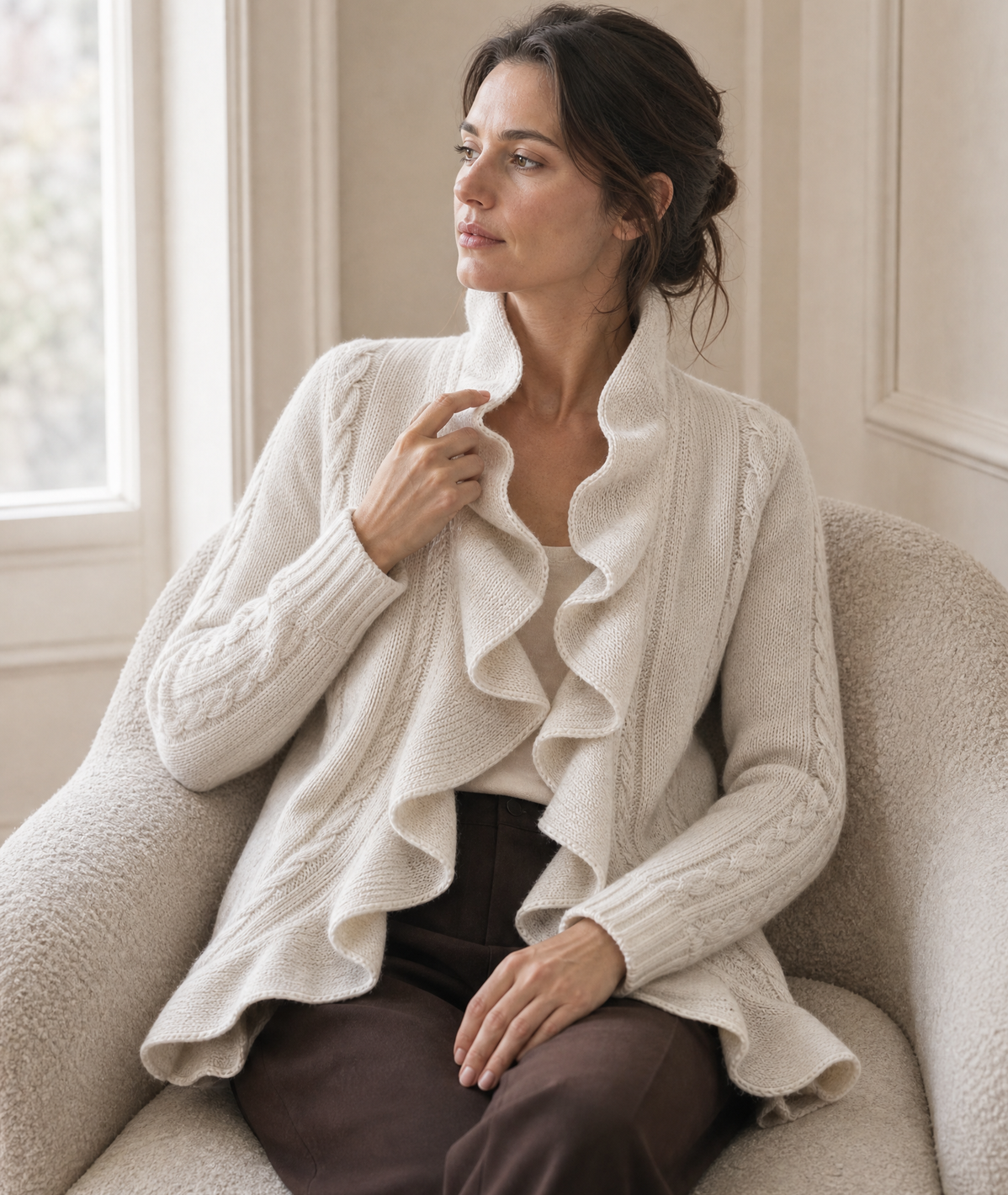 Retro Ruffle Cable-Knit Cardigan — oatmeal
