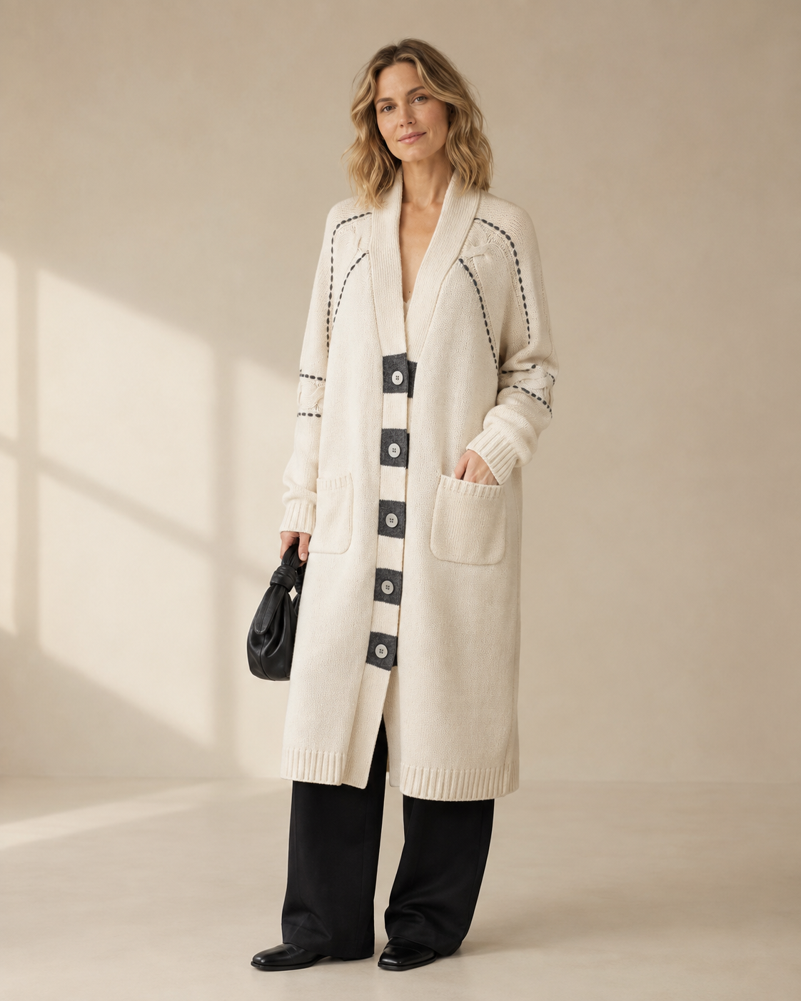 Retro Contrast-Piped Long Knit Coat — white-brown stripe